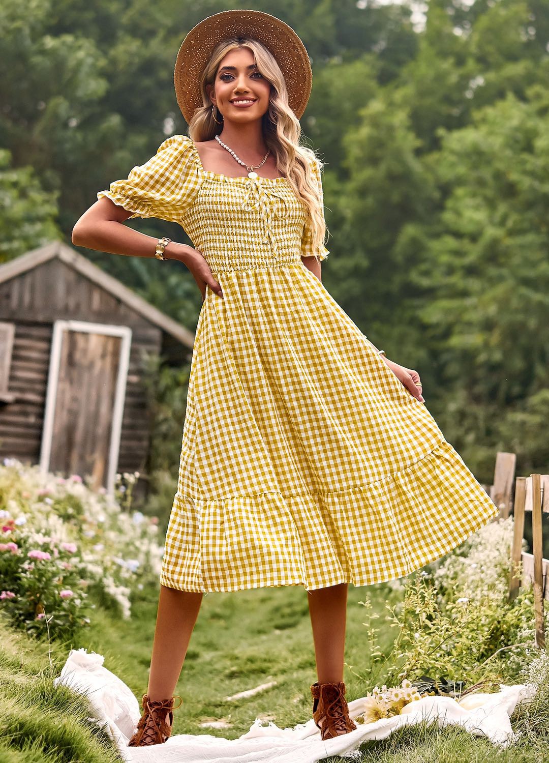 Miss Sparkling Gingham puff sleeve midi dress