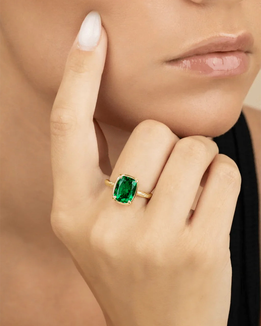 Sterling Silver Mini Emerald Elongated Cushion Ring