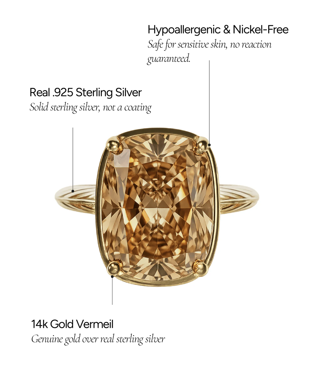 Sterling Silver Elongated Cushion Champagne CZ Cocktail Ring
