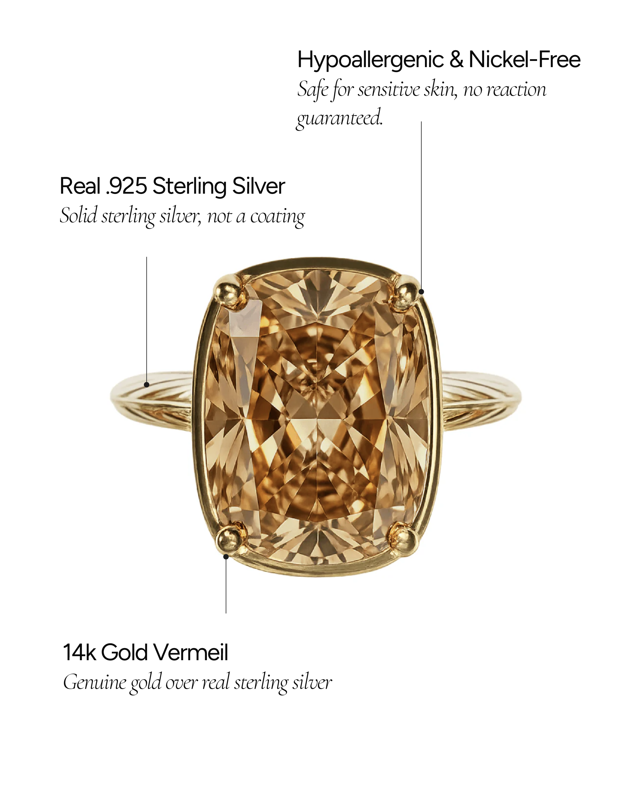 Sterling Silver Elongated Cushion Champagne CZ Cocktail Ring