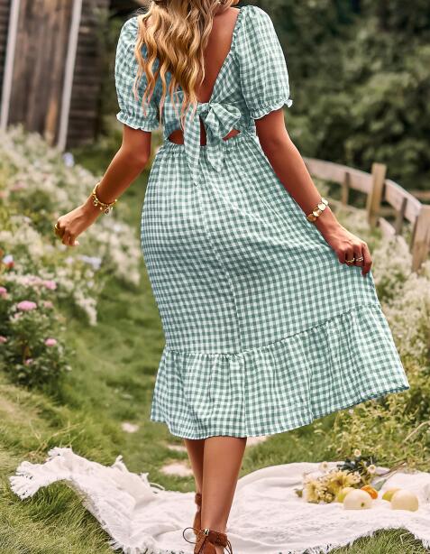 Miss Sparkling Gingham puff sleeve midi dress
