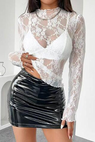 Elegant Lace Long-Sleeve Crop Top - Sheer Design Mesh