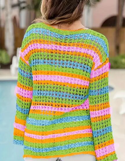 Miss Sparkling Stripe Open-Knit Crochet Sweater
