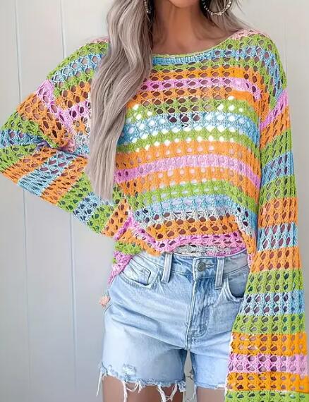 Miss Sparkling Stripe Open-Knit Crochet Sweater