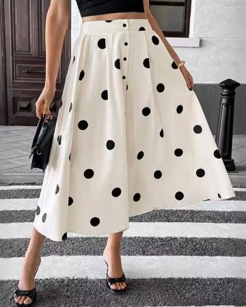 Miss Sparkling Retro Polka Dot Button-Front Midi Skirt