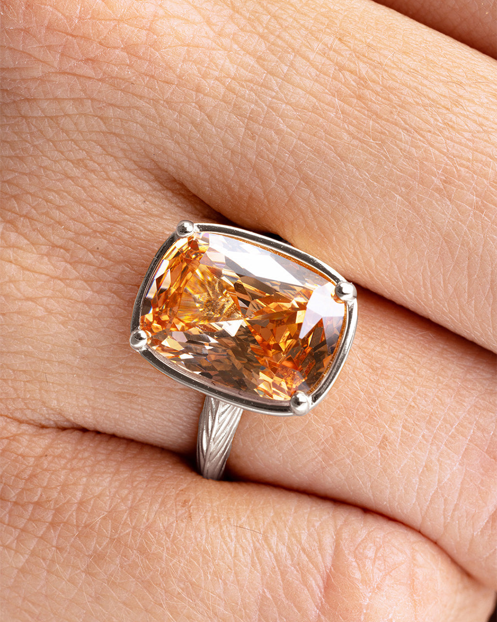 Sterling Silver Elongated Cushion Champagne CZ Cocktail Ring