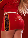 Embellished Velour Mini Skirt - Red